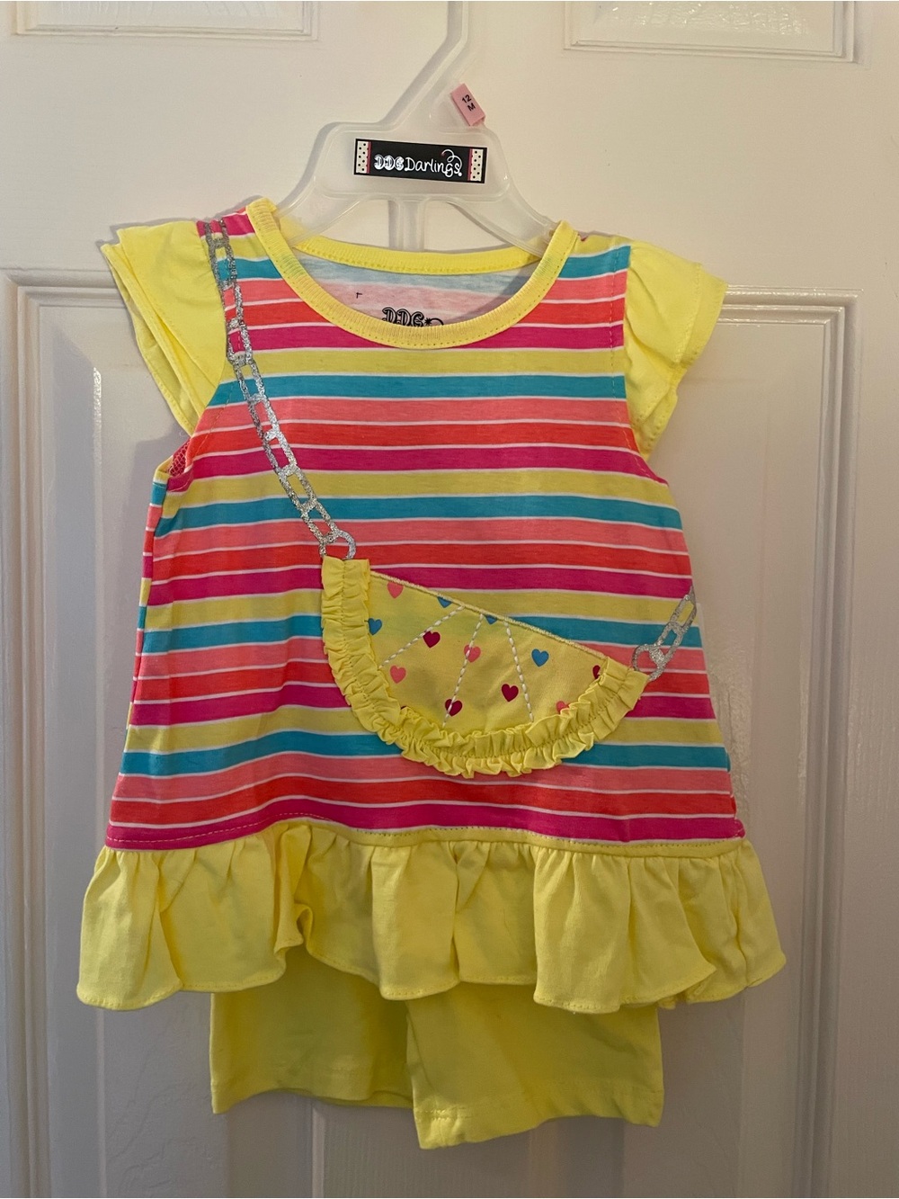 Darling Yellow Pink Teal Stripe Ruffle Tunic Tee 2pc outfit 12mon NWT